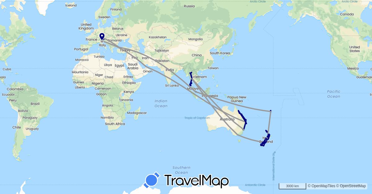 TravelMap itinerary: driving, plane in United Arab Emirates, Austria, Australia, Germany, Fiji, Italy, New Zealand, Singapore, Thailand, Turkey (Asia, Europe, Oceania)